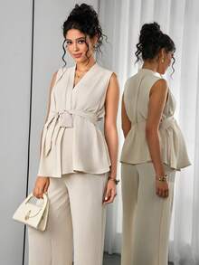 Momance 两件套孕妇纯色V领扭腰上衣和阔腿裤，休闲日常穿着 - 杏色 - 查看 4