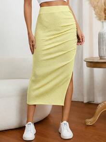 SHEIN EZwear 夏季休闲纯色侧开衩中长铅笔裙 - 淡黃色 - 查看 6