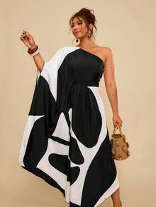 Travachic 加大码女式黑白印花单肩长款连衣裙，宽松休闲沙滩度假罩衫 - 黑與白 - 查看 5