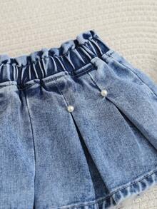 SHEIN Playful Pals Young GirlCasual Cute Vacation Style Elastic Waist Bow Decor Micro Pleated Washed Blue Denim Shorts - Medium Wash - View 7