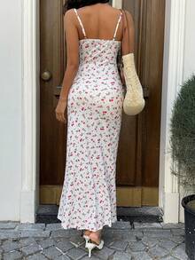 Sunnyshic Women's Cherry Polka Dot Knit Print Fitted Spaghetti Strap Mermaid Dress - Multicolor - View 2