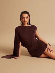 Silquee Burgundy Summer Elegant Party Night Women's Coffee-Brown Open-Back Stretch Ruched Draped Mini Dress For Vacations,Dates,Graduations&Banquets - Coffee Brown - View 7