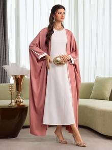 SHEIN Najma Women's Color Block Open Front Casual Abaya, Versatile For Daily Wear - Redwood - View 5