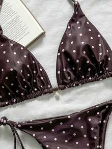 Swim Mod Women's Polka Dot Print Halter Tie Front Bikini Swimwear Set, Random Print - Multicolor - View 3