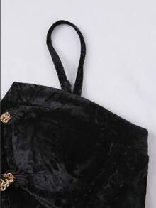 GlowEve 女士优雅丝绒金色纽扣修身吊带背心，夏季 - 黑色 - 查看 4