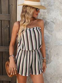 Swim Vcay Women's White Colorful Striped Knit Jumpsuit,Boho Summer Holiday Pool Party Beach Romper,Frill Trim Elastic Waist Wide Leg Holiday Coverup Jumpsuit - Green - View 4