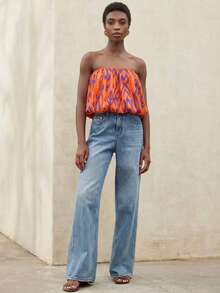 Aveloria Modichic Spring/Summer New Beach Vacation Style Oil Painting Print Gold Chiffon Draped Cropped Tube Top For Women - Orange - View 3