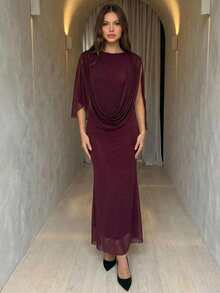 Aloruh Eggplant Purple Asymmetrical Sleeve Bodycon Mesh Party Dress For Women - Red Violet - View 1