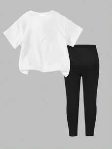 SHEIN 少女春夏休闲时尚创意个性清新简约豹纹、爱心、三叶草、闪光四叶草图案印花舒适基础款短袖T恤和打底裤套装，温暖的夏秋风格，适合春、夏、秋季，女孩假日氛围穿搭 - 彩色 - 查看 2