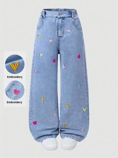SHEIN ChillGRL Jeans anchos de pierna ancha con lavado de nieve, estilo Y2K, con bordados para niña preadolescente. Bordados de corazones de colores, pantalones anchos y sueltos de uso casual, color azul claro, adecuados para Navidad, Año Nuevo, Día de San Valentín, uso diario y escuela