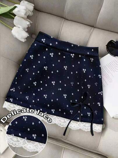 Franclia Women's Ditsy Floral Bow Decor Lace Trim Skirt