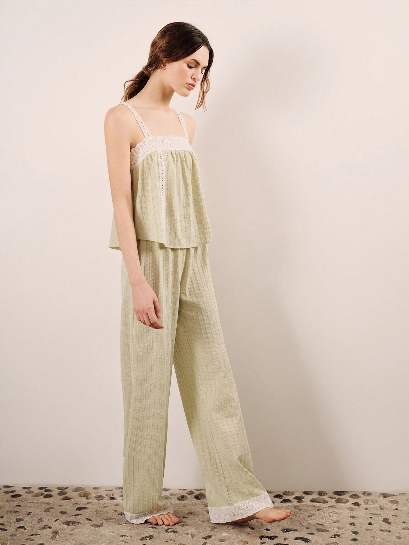 Loose Mint Green Pointelle Pajama Set With Embroidered Trim Top And Pants Homewear Set Green Sleepwear Set Cute Pyjama Set