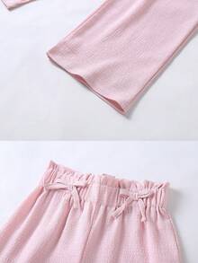 3 Stücke/Set Hosen Set für Kleine Mädchen, 3D Schleife Strick, plissierter Stoff, süßer für Ausflüge. Mehrfarbige Kombination, Apricot/Rosa/Lila, gerade Beinform vielseitig. Frühling/Sommer, reguläre Dicke bequemer Stoff. - Verschiedenfarbig - Übersicht 4