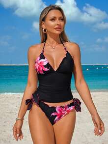 Swim Vcay Women's Floral Print V-Neck Ruched Tie-Front Backless 2-Piece Swimwear Set, For Summer Holiday Beach - Multicolor - View 3