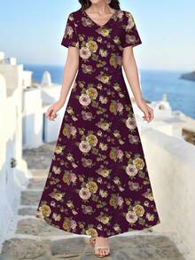 Lacomfia 女士优雅V领短袖印花针织连衣裙，可作外衣或内搭/工作服穿着，适合约会、度假、日常穿着、休闲、派对、节日等场合，春夏女士长款连衣裙，印花长款连衣裙/复古连衣裙，植物印花连衣裙，紫色连衣裙 - Bold Plum - 查看 3