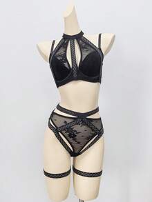 Classic, Luxurious, Fashionable, Mature, Elegant, Low-Key Luxury, Sexy Lace Patchwork Rhinestone Halter Top + Triangle Panty + 2pcs Leg Rings, 4pcs Women Sexy Lingerie Set - Black - View 4