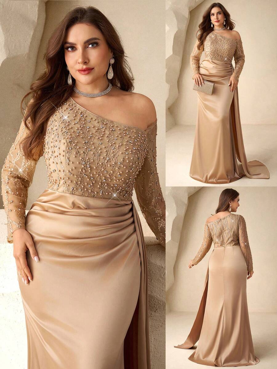 Coutiva Plus Size Elegant Gold Spring Prom Dress,Long Sleeves Asymmetrical Collar Embroidered Pearl Rhinestones Satin Mermaid Skirt Side Drape Event Gown