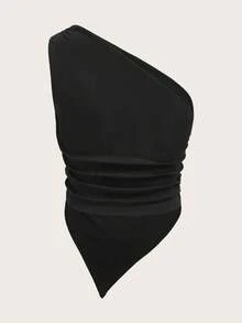 Tseoso 97%棉质罗纹女式黑色纯色不对称领修身休闲上衣 - 春夏外出、度假、海滩派对、甜美女孩/清纯女孩风格、运动、Z世代及姐妹会女孩 - 彩色 - 查看 6