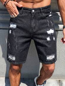 Manfinity Roughcore Men's Casual Ripped Straight Leg Blue Denim Shorts, Street Fashion For Spring/Summer - Black - View 7