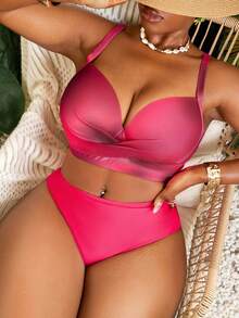 Slaydiva 2026 Summer Beach Vacation Ombre Color Padded Underwire Versatile Fuchsia Plus Size Swimwear Top - Hot Pink - View 3