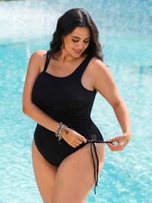 Swim Lushoire Plus Size Women's Solid Color Casual One-Piece Swimsuit - Black - View 3