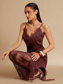 Silquee Burgundy,Summer,Seksi Chic,Night Out Elegant Lace Trousers For Women,Coffee-Colored Formal Party Vacation Holiday Beach Bridesmaid Long Pants - Brown - View 8