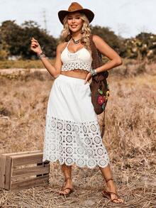 LanaWest Western Style Lace Hollow-Out Patchwork Versatile Women's Mini Skirt, Spring/Summer - White - View 4