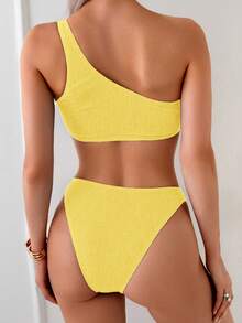 Swim Basics Set Bikini Wanita Warna Kuning Polos, Baju Renang Dua Potong untuk Liburan Pantai Santai Musim Panas, Baju Renang Bergaris Satu Bahu - Kuning - View 2