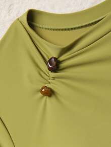 Swim Shayni 新款夏季女士圆领短袖收腰荷叶边前开衩连衣裙和阔腿裤绿色休闲度假布基尼套装 - 綠色 - 查看 8