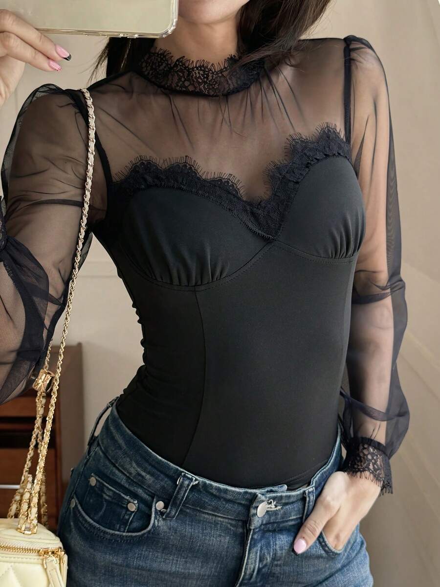 DAZY Spring & Summer Lace Collar Lace Patchwork Sheer Mesh Hollow Out Black Lace Blouse, Cropped Top, Elegant For Valentine's Day, Wedding, Party, Formal Occasion, Slim Fit, Thin Mesh Long Sleeve Ladies T-Shirt - Black - View 1