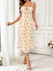 Pariaura 女士夏季度假碎花吊带连衣裙 橙色碎花连衣裙 夏季优雅连衣裙 长款度假连衣裙 橙色沙滩连衣裙 吊带连衣裙 女士夏季长裙 女士夏季套装 度假装 女士度假连衣裙 女士春季连衣裙 女士夏季连衣裙 - 黃色 - 查看 3