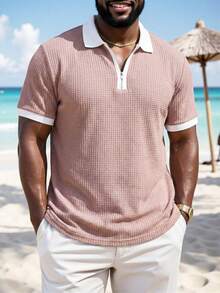 ResortEase Áo thun polo cổ bẻ khóa kéo nửa màu tương phản cỡ lớn dành cho nam, mùa hè, đi chơi - Màu Hồng baby - Xem 1