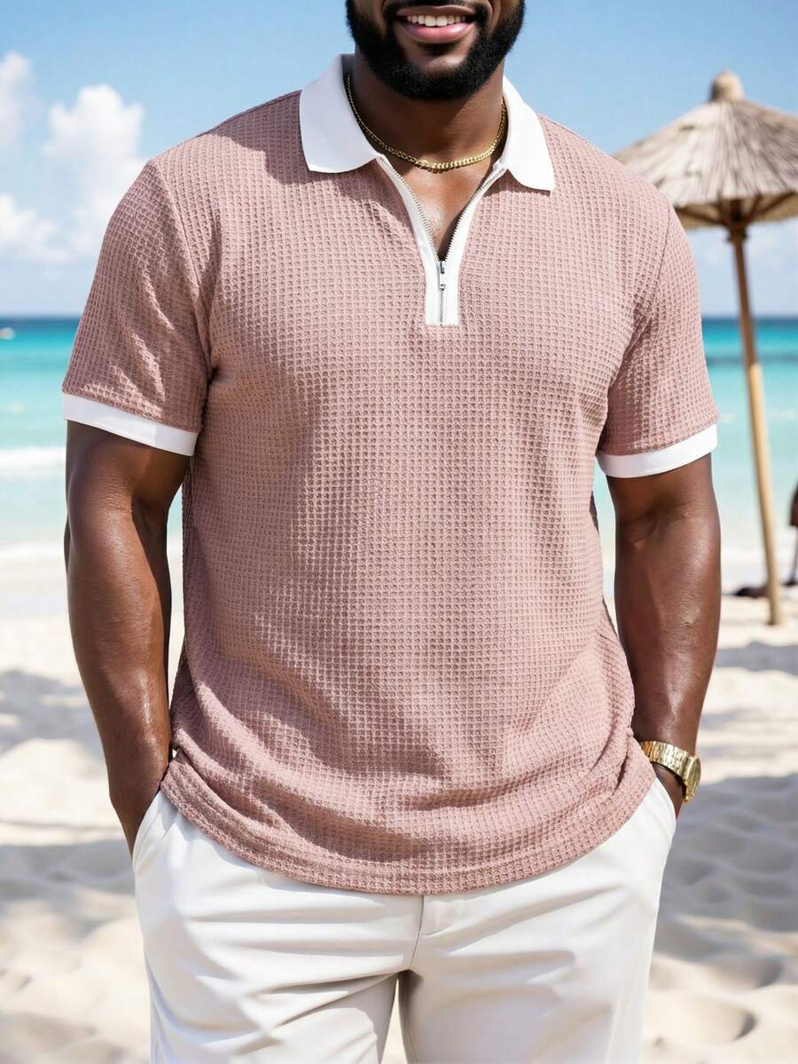 ResortEase Áo thun polo cổ bẻ khóa kéo nửa màu tương phản cỡ lớn dành cho nam, mùa hè, đi chơi - Màu Hồng baby - Xem 1