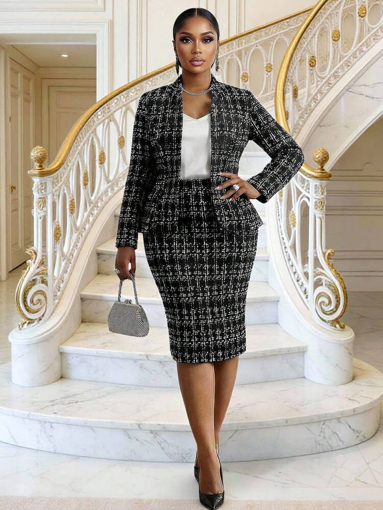 Fleurora Elegant Black And White Summer Formal Knitted Plaid Suit