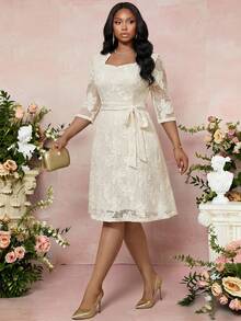 Fleurora White Summer Elegant Bachelorette Party Wedding Bridal Midi Dress,Plus Size Women Floral Embroidery Textured Asymmetrical Neck Belted 3/4 Sleeve Dress - Beige - View 3