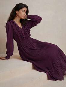 Anewsta Women's Elegant Romantic V-Neck Ruffle Petal Sleeve Cinched Waist Pleated Dress, Suitable For Spring Dates And Parties - Purple - View 5