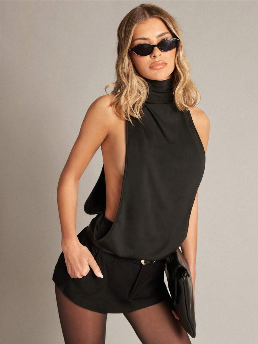 Hauture Women's Sexy Casual High Neck Solid Color Bodysuit, Summer - Black - View 1