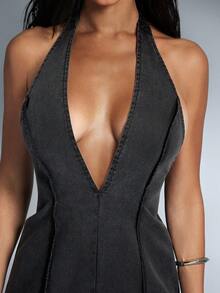 Denimoi 低领水洗牛仔连体裤 露背牛仔连体裤 性感连体裤 早午餐穿搭 - 黑色 - 查看 5