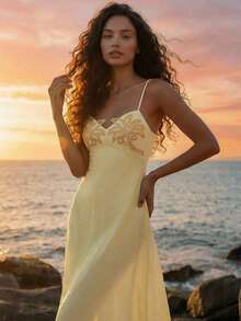 CAJUNI Embroidery Palm Tree Summer Vacation Dress Butter Yellow - Light Yellow - View 5