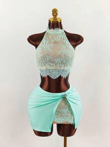 Amplova Women's Sexy Contrast Lace Halter Top And Mini Skirt 2 Pieces Set, Summer - Mint Green - View 1