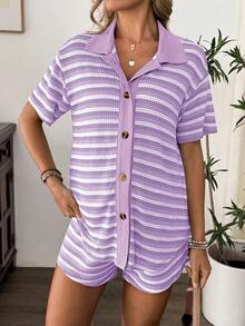 SHEIN 2pcs Maternity Set: Ombre Striped Shirt With Elastic Waist Drawstring Shorts - Mauve Purple - View 5