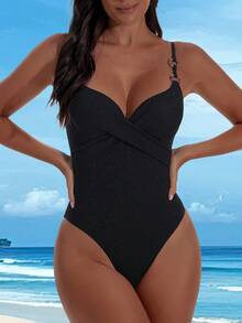 Shapewave Spring/Summer Fashion Sexy Adjustable Strap Hardcup Steel Bra One-Piece Swimsuit With Resin Ring Decor, Gold/Silver Fabric - Black - View 6