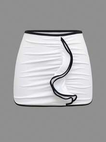 Swim Oasis 夏季沙滩女士度假纯色黑白拼接连体泳衣，高开衩设计，显瘦塑形，金色点缀性感吊带裙两件套 - 黑與白 - 查看 4