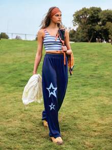 WanderVale Women's Solid Color Casual Long Pants With Five-Pointed Star Patch Star Pants Comfy Pants Women's Pants Wide Leg Pants Blue Pants Hike,Fall - Blue - View 4