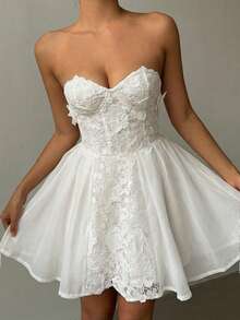 Aloruh Women's Lace Embroidered Bustier Mini Dress, Romantic Fit-And-Flare Silhouette, Wedding Season - White - View 6