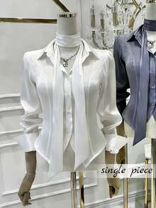 Franclia Chic Ladies White Sheer Long Sleeve Shirt Collar Blouse Button Front Regular Length For Sophisticated Look - White - View 1