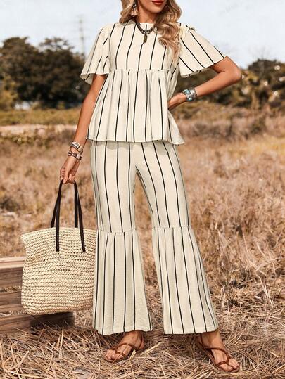 LanaWest Women's Casual Western Vacation Outdoor Striped 2-Piece Set, Ruffled Doll Collar Blouse And Wide Leg Pants