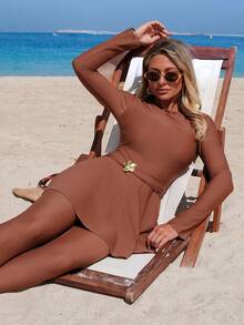 Swim Mulvari Coffee Color Knit Ruched Waist 2 Pieces Set, Slimming & Flattering For Vacation & Surfing - Coffee Brown - View 5