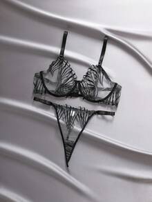 EmpressEnvy Plus Size Women Mesh Striped Embroidery Sexy Lingerie Set - Black - View 1