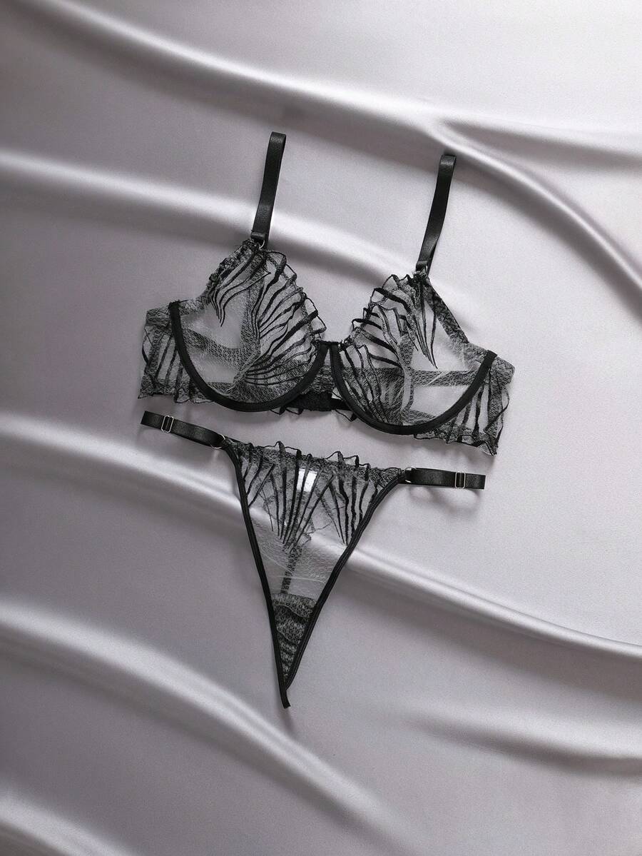 EmpressEnvy Plus Size Women Mesh Striped Embroidery Sexy Lingerie Set - Black - View 1